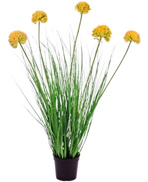 La planta de césped artificial Cebolla ignífuga de 70 cm tiene hojas verdes largas y delgadas y tallos altos con racimos florales redondos de color amarillo, lo que la hace destacar maravillosamente sobre un fondo blanco.