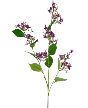 La Flor Artificial Hortensia Salvaje 86 cm violeta tiene un solo tallo con múltiples ramos de pequeñas flores violetas y hojas verdes, aisladas sobre un fondo blanco.