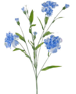 El ramo de flores artificiales Clavel 70 cm azul tiene un tallo delicado con varias flores de clavel de color azul claro y hojas verdes, sobre un fondo blanco liso.