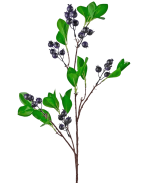 La rama de baya artificial de 76 cm violeta tiene una rama con hojas de color verde brillante y racimos de pequeñas bayas redondas de color púrpura oscuro sobre un fondo blanco liso.