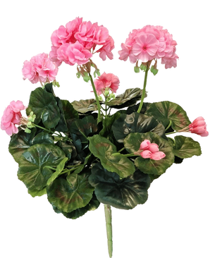 El Geranio artificial rosa de 40 cm tiene flores rosas y hojas verdes redondas en tallos largos, que muestran la belleza de una planta rosa artificial o un geranio artificial sobre un fondo blanco.