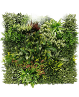 El Seto Artificial Prestiage 100x100 cm UV es un denso panel de jardín vertical con diversas plantas y follajes verdes en disposición cuadrada, con diferentes formas de hojas, tamaños y tonalidades de verde.
