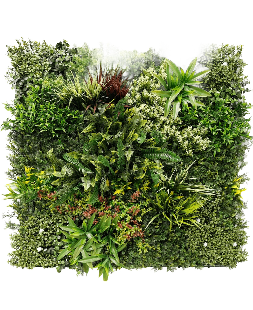 El Seto Artificial Prestiage 100x100 cm UV es un denso panel de jardín vertical con diversas plantas y follajes verdes en disposición cuadrada, con diferentes formas de hojas, tamaños y tonalidades de verde.