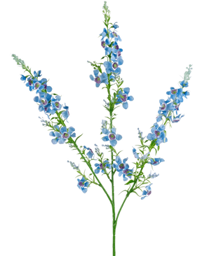 La Flor Artificial Catnip 75 cm azul tiene un único tallo verde que se ramifica en tres, cada uno con racimos de pequeñas y vibrantes flores de color azul con un centro violeta y hojas verdes, sobre un fondo blanco liso.
