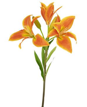 La flor artificial Lirio asiático 66 cm naranja tiene un solo tallo con tres lirios naranjas abiertos, un capullo sin abrir y hojas verdes sobre un fondo claro.