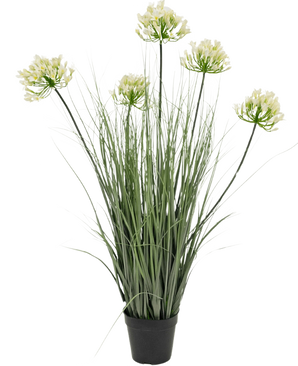 El Césped Artificial Agapanto Blanco Cebolla Maceta 90cm Retardante de Fuego es una planta artificial en una maceta con hojas altas de color verde y seis racimos de pequeñas flores de color amarillo claro en tallos largos, sobre un fondo blanco liso.