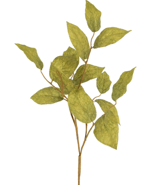 La rama artificial de hoja de manzano de 70 cm tiene varias hojas de seda verdes veteadas sobre tallos finos, sobre un fondo liso y claro.