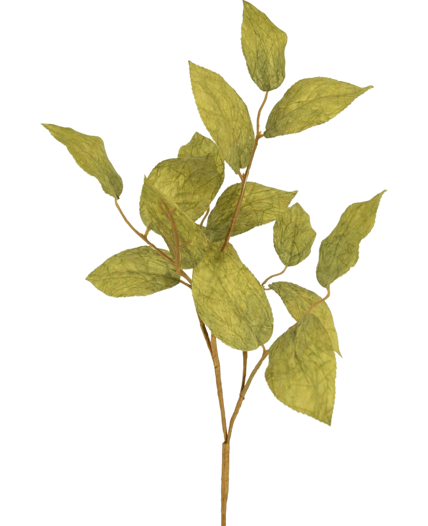 La rama artificial de hoja de manzano de 70 cm tiene varias hojas de seda verdes veteadas sobre tallos finos, sobre un fondo liso y claro.