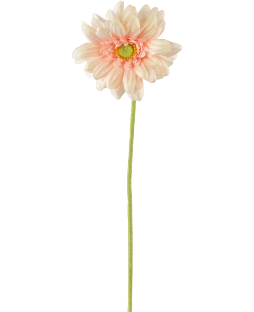 La Flor Artificial Gerbera mini 47 cm rosa suave es una margarita artificial de color rosa claro con pétalos suaves en capas y un corazón amarillo sobre un largo tallo verde, sobre un fondo blanco liso.