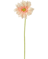 La Flor Artificial Gerbera mini 47 cm rosa suave es una margarita artificial de color rosa claro con pétalos suaves en capas y un corazón amarillo sobre un largo tallo verde, sobre un fondo blanco liso.