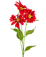 La Margarita Artificial de 78 cm roja tiene tres margaritas artificiales de color rojo vibrante con corazones amarillos y hojas verdes en tallos largos, sobre un fondo blanco liso.