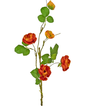 Una única rosa artificial se ramifica de 90 cm con varias rosas artificiales rojas con hojas verdes sobre un fondo blanco liso.