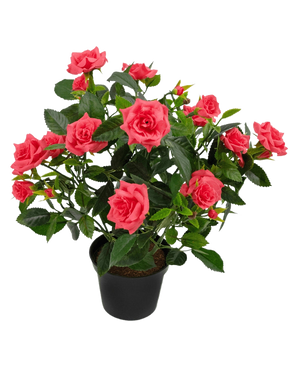 La Planta Artificial Mini Rose UV 35 cm tiene una maceta negra llena de una exuberante planta de rosas artificiales con múltiples rosas rosadas y hojas verdes sobre un fondo blanco.