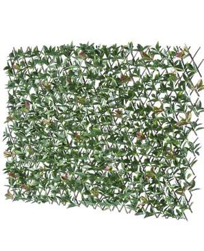 El Seto Artificial Photonia Extensible 200x100 cm es una valla extensible rectangular con hojas verdes artificiales y flores rosas, representadas sobre un fondo blanco.