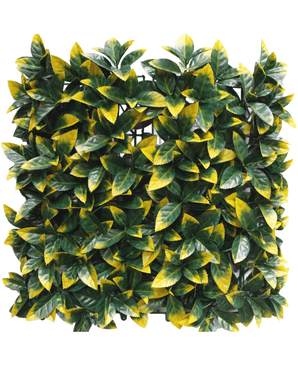 El seto artificial Photonia amarillo 50x50 cm UV tiene densos paneles cuadrados de hojas artificiales verdes y amarillas para una apariencia exuberante y vivaz. La capa rasterizada es parcialmente visible detrás del follaje para facilitar la instalación.