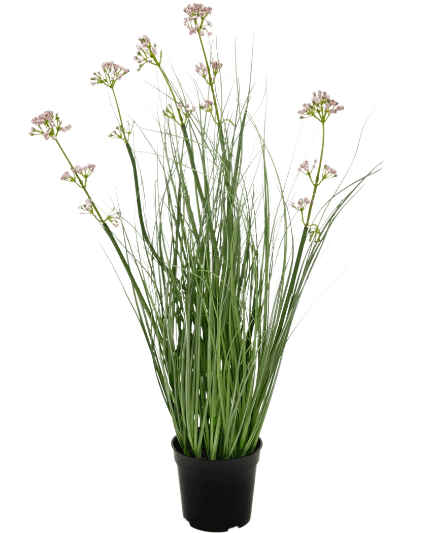 El Bonsái de Hierba Artificial Flor de Puerro Hierba Cebolla ignífuga de 61 cm tiene hojas verdes largas y delgadas y tallos largos con pequeños racimos de flores de color violeta claro, presentados en una maceta sobre un fondo blanco liso.