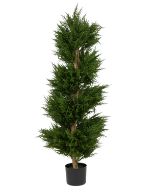 Planta artificial Conífera Espiral UV 120 cm, una conífera artificial alta en forma de espiral con hojas densas de color verde oscuro y un tronco recto, representada sobre un fondo blanco liso.