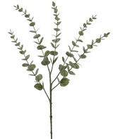 La flor artificial Eucalipto Yugali de 71 cm es un único tallo artificial con cinco ramas ramificadas y pequeñas hojas verdes redondas, representadas aisladas sobre un fondo blanco.