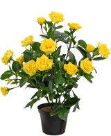 La Planta Artificial Mini Rose UV 35 cm amarilla es una planta artificial en maceta con múltiples tallos de vibrantes rosas amarillas y hojas verdes, expuestas en un pequeño recipiente negro sobre un fondo sencillo.