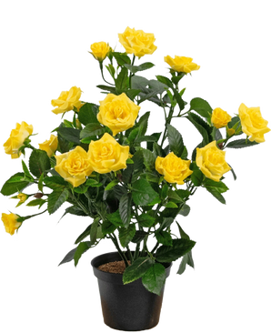 La Planta Artificial Mini Rose UV 35 cm amarilla es una planta artificial en maceta con múltiples tallos de vibrantes rosas amarillas y hojas verdes, expuestas en un pequeño recipiente negro sobre un fondo sencillo.