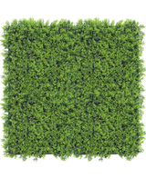 Seto artificial Cupressus 50x50 cm UV: Un panel de seto artificial de un verde denso y vibrante visto desde arriba sobre un fondo blanco, ideal para crear paredes vegetales realistas.