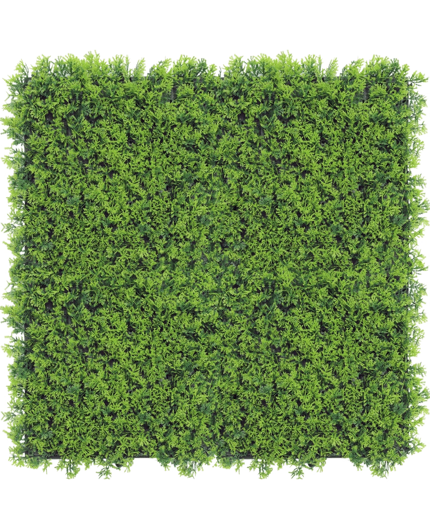 Seto artificial Cupressus 50x50 cm UV: Un panel de seto artificial de un verde denso y vibrante visto desde arriba sobre un fondo blanco, ideal para crear paredes vegetales realistas.