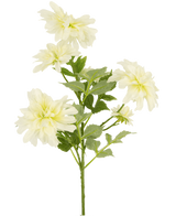 Una dalia artificial de 60 cm de altura con varias flores de dalia de color amarillo claro y hojas verdes sobre un fondo blanco liso.