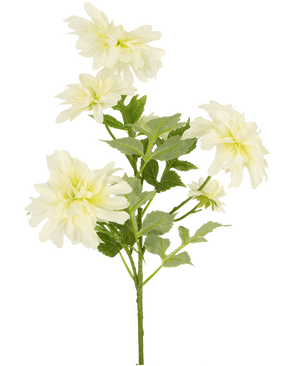 Una dalia artificial de 60 cm de altura con varias flores de dalia de color amarillo claro y hojas verdes sobre un fondo blanco liso.