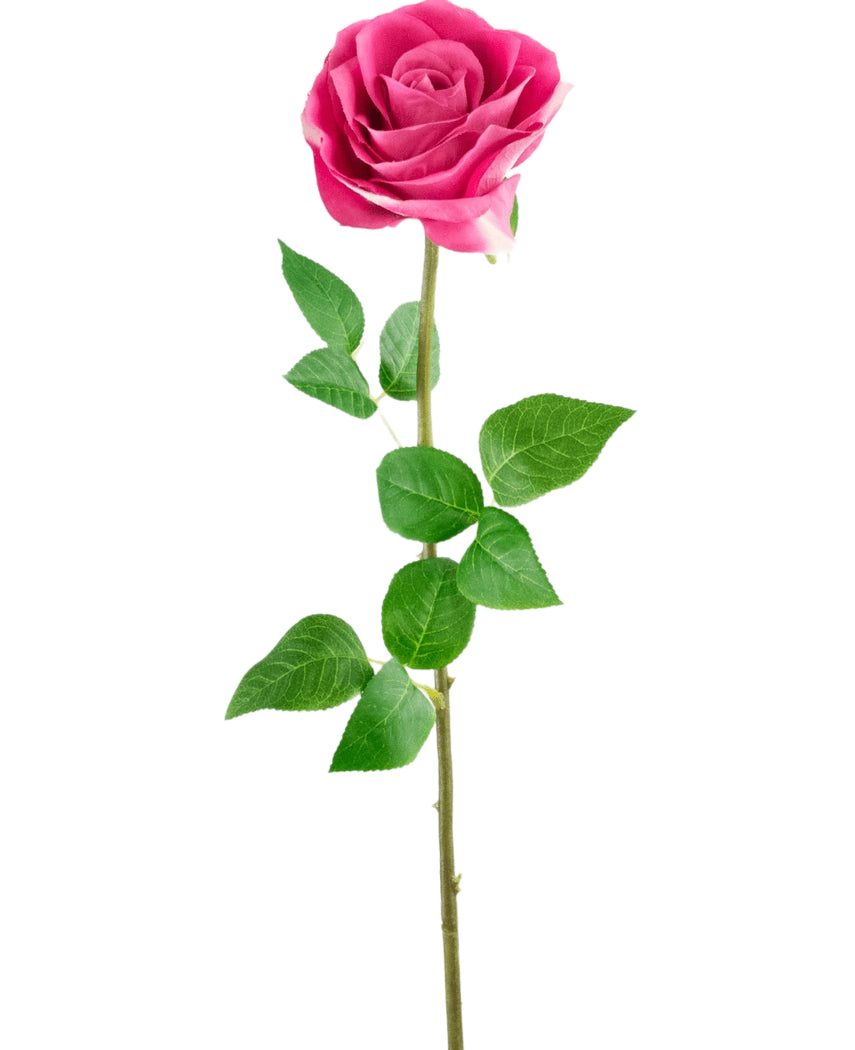 La rosa Artificial Rose Real Touch de 56 cm tiene una única rosa artificial rosa con hojas verdes realistas en un tallo largo, sobre un fondo blanco liso.