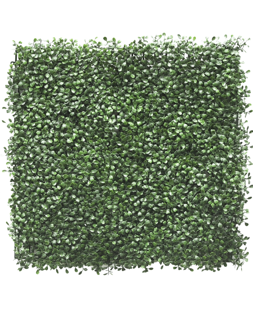 El seto artificial Boj 50x50 cm UV tiene densas hojas verdes artificiales, creando un aspecto de seto exuberante o jardín vertical, perfecto para iluminar cualquier espacio.
