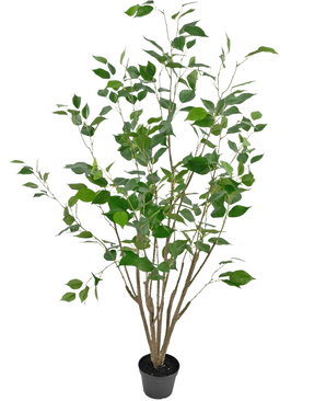 La Planta Artificial Ficus 120 cm es una planta artificial alta en una maceta con múltiples tallos delgados de color marrón y hojas verdes exuberantes, en una maceta negra compacta sobre un fondo blanco liso.