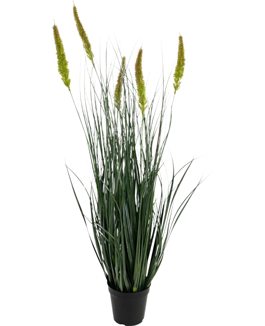 La maceta de césped artificial con retardante de fuego de 90 cm es una planta de césped artificial en maceta con hojas verdes largas y delgadas y múltiples cabezas de semillas altas de color amarillo verdoso sobre un fondo blanco liso.