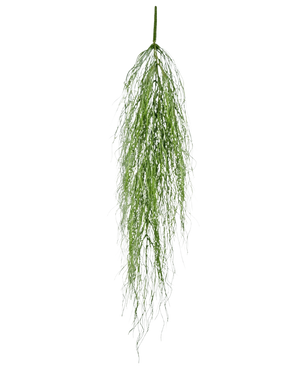 La planta colgante artificial Kelp Grass de 91 cm tiene un único tallo de follaje artificial verde esponjoso con hojas largas y delgadas que caen con gracia sobre un fondo blanco liso.