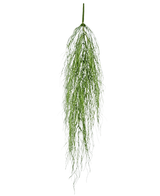 La planta colgante artificial Kelp Grass de 91 cm tiene un único tallo de follaje artificial verde esponjoso con hojas largas y delgadas que caen con gracia sobre un fondo blanco liso.