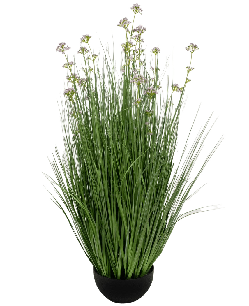 La maceta de césped artificial con flor de puerro y cebolla de 100 cm retardante de fuego tiene una maceta negra con hojas artificiales altas y delgadas de color verde y pequeñas flores de color púrpura en tallos largos, sobre un fondo blanco.