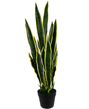 La planta artificial Sansevieria Laurentii de 92 cm en maceta decorativa tiene hojas altas y verticales de color verde con bordes amarillos, sobre un fondo blanco liso.
