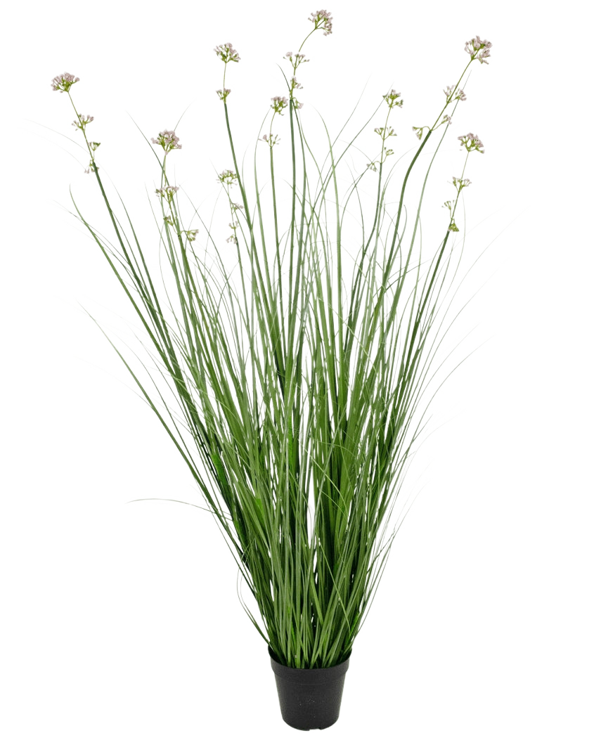 La maceta de césped artificial con retardante de fuego de 120 cm con flores de puerro y cebollas tiene largas hojas verdes parecidas a la hierba y tallos largos con racimos de flores de color violeta claro, perfectos para agregar vegetación realista a cualquier espacio.