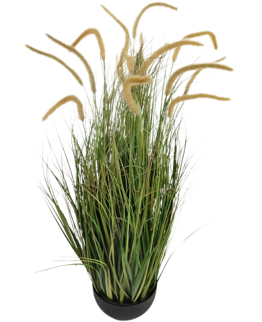 La rama de hierba de cebolla de cola de perro de césped artificial retardante de fuego de 110 cm es una planta de césped artificial en maceta con hojas verdes largas y estrechas y cabezas de semillas altas y esponjosas de color beige, representadas sobre un fondo blanco liso.