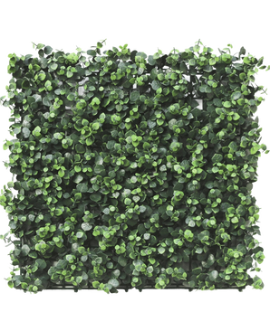 El seto artificial Eucalipto 50x50 cm UV es un panel cuadrado con hojas densas, pequeñas y redondas de eucalipto artificial, densamente empaquetadas para una apariencia vibrante y natural, perfecto para crear exuberantes jardines verticales o paredes decorativas en interiores o exteriores.