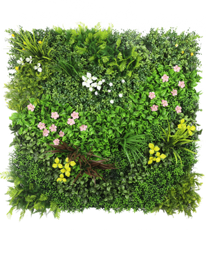 El seto artificial Vitality 100x100 cm UV es un panel cuadrado con un denso follaje artificial verde y ramos dispersos de pequeñas flores rosas, amarillas y blancas sobre un fondo blanco.