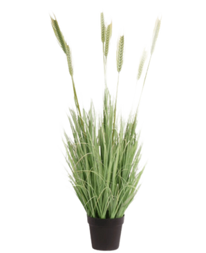 La Planta de Césped Artificial Verde ignífugo de 130 cm tiene hojas verdes largas y delgadas y tallos largos parecidos al trigo en una pequeña maceta negra, sobre un fondo blanco.