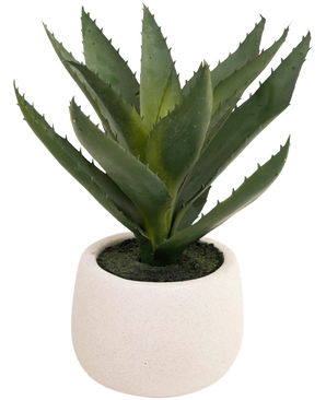 La planta artificial Aloe Vera de 28 cm se presenta en una sencilla maceta redonda de cerámica blanca con hojas verdes y puntiagudas realistas sobre un fondo blanco liso.