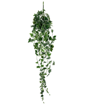 La hiedra artificial 130 cm verde/blanco es una planta de hiedra artificial colgante con largas hojas verdes y bordes blancos, representada sobre un fondo blanco liso.
