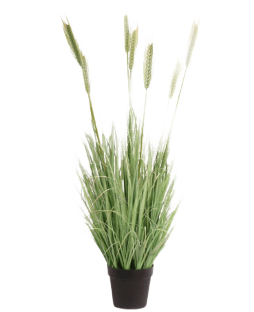 La Planta de Césped Artificial Verde ignífugo de 130 cm tiene hojas verdes largas y delgadas y tallos largos parecidos al trigo en una pequeña maceta negra, sobre un fondo blanco.