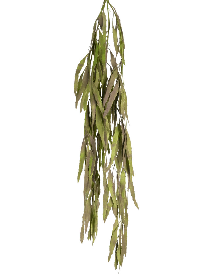 La planta colgante artificial Aloe Vera 102 cm tiene hojas verdes largas y estrechas con bordes dentados que caen sobre un fondo blanco liso.