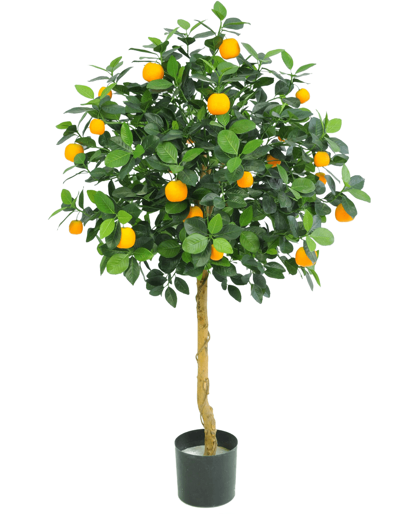 El naranjo artificial de 120 cm de Easyplants tiene exuberantes hojas verdes y muchos frutos de color naranja brillante, expuestos en una maceta sobre un fondo blanco liso.