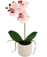 La Orquídea Artificial Real Touch 30 cm rosa/blanco tiene tres flores de color rosa claro y hojas verdes en una sencilla maceta blanca, perfecta para iluminar cualquier habitación.