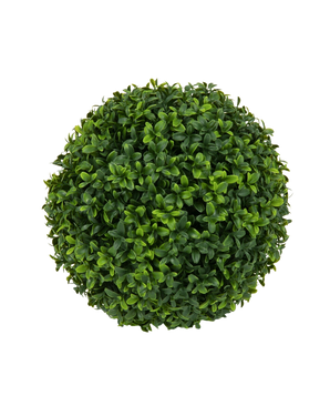 Vista superior de la Planta Artificial Boj estilo romano UV D30cm, una bola de boj artificial redonda y densa con hojas verdes, sobre un fondo blanco liso.