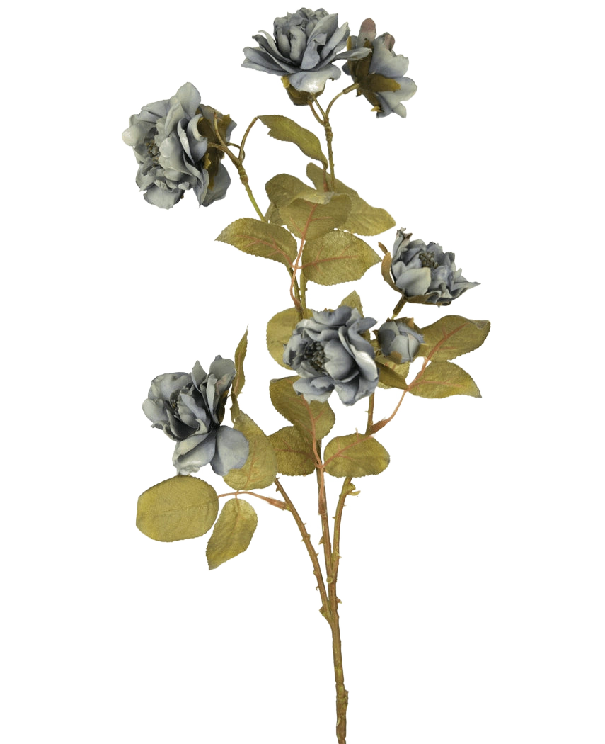 La Rosa Artificial Nero 68 cm azul tiene varias rosas artificiales de color azul grisáceo con hojas verdes sobre delgados tallos marrones sobre un fondo blanco liso.