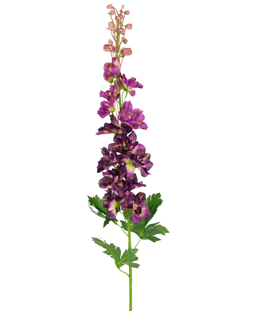 La Flor Artificial Delphinium Púrpura 79 cm tiene un único tallo artificial de espuela de caballero de color púrpura con múltiples flores dispuestas verticalmente y hojas verdes profundamente lobuladas, sobre un fondo blanco liso.
